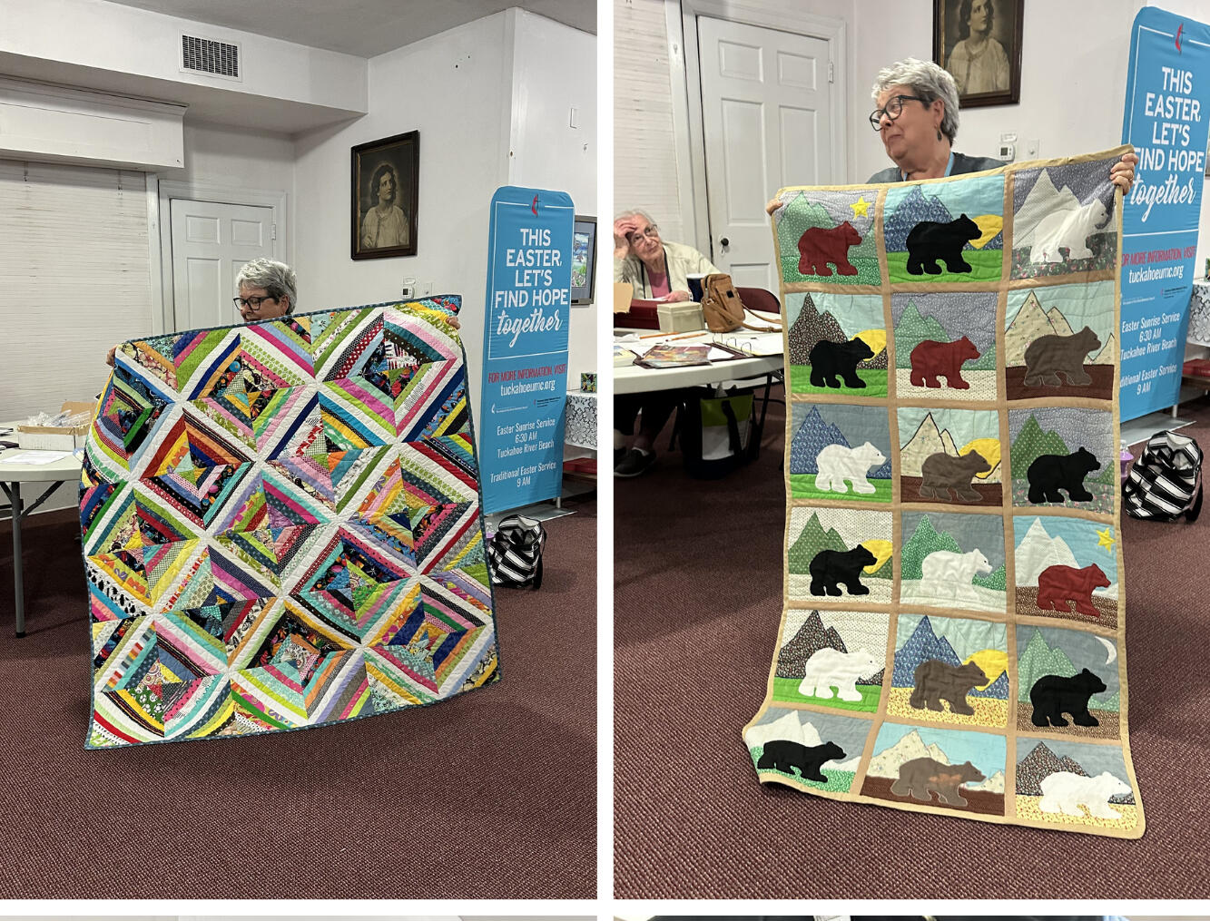 Colorful geometric quilt. Cuddly bears. Makes one want to read "Brown Bear Brown Bear What Do You See".