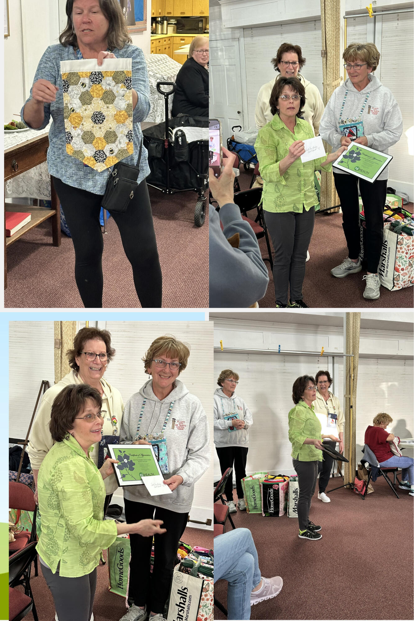 Flo catching the hexie bug with a nice banner. Guest recipient Margie Barham on behalf of NJ Health Hospice accepting quite a few exception Comfort Quilts from our guild.